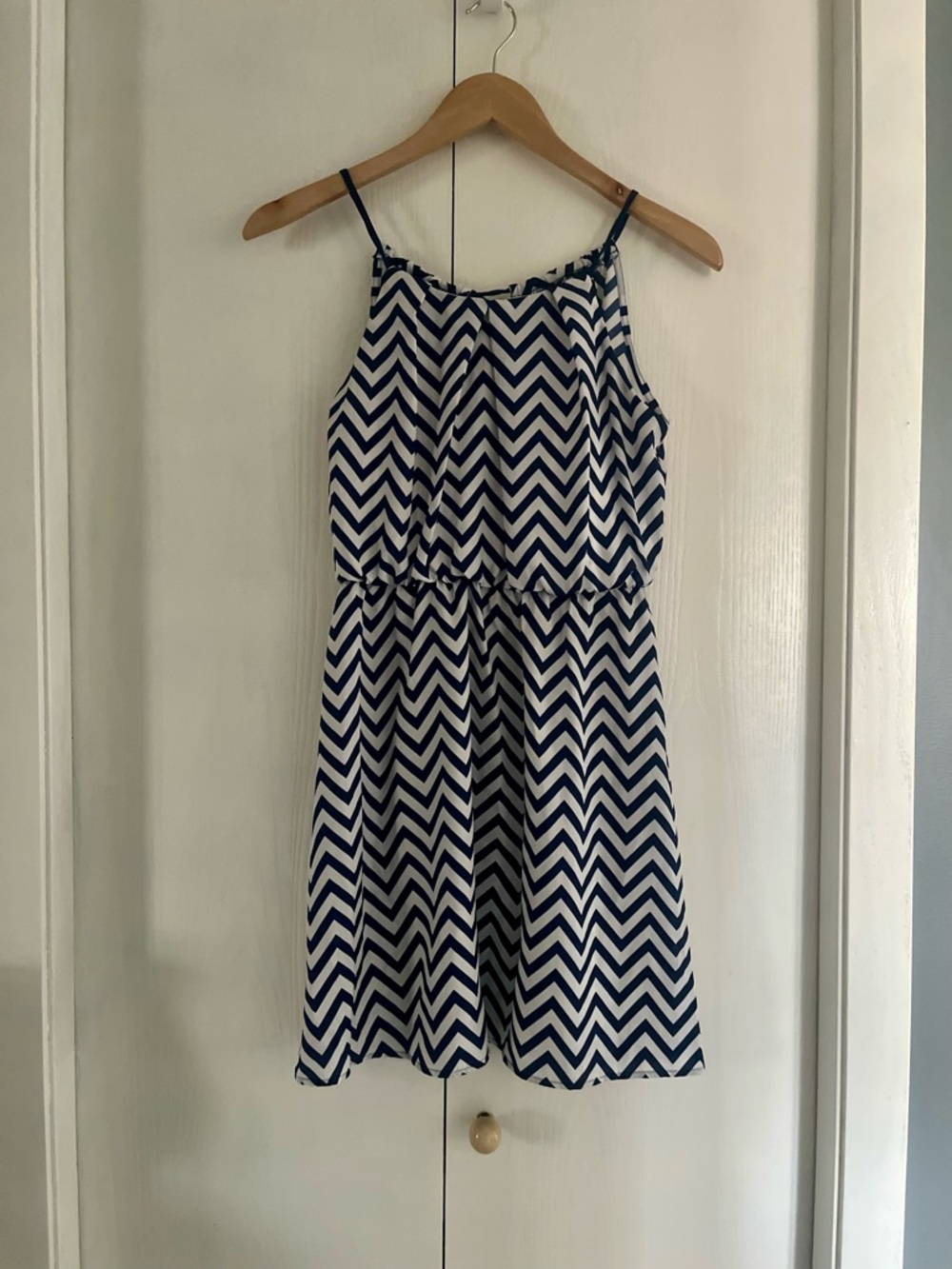 Sequin Hearts Navy and White Chevron Spaghetti Strap Dress